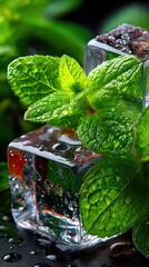 Fresh mint leaves on ice cubes with water droplets. high detoxification