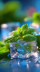 Fresh mint leaves on ice cubes with water droplets. high detoxification