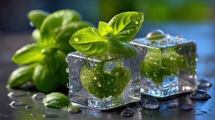Fresh mint leaves on ice cubes with water droplets. high detoxification