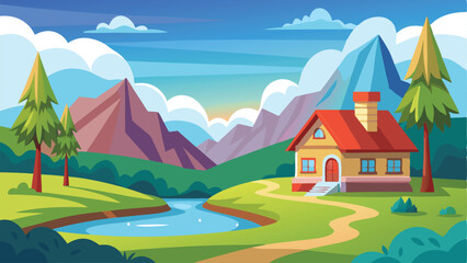 Obraz premium Cartoon Landscape House by River, Mountains, and Trees with a Bright Blue Sky