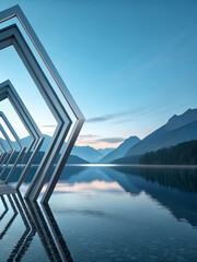 Geometric metal structures stand by a calm lake with mountains in the background