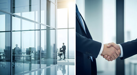 Business handshake in a modern office with large windows