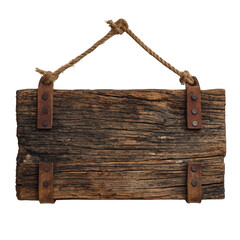 Rustic wooden hanging sign with rope isolated on transparent background