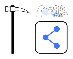 Pickaxe tool, hand watering flowers, and share icon symbolizing gardening, sustainability, teamwork, technology, environmental care, cultivation and networks. Ideal for eco-app simple landing page