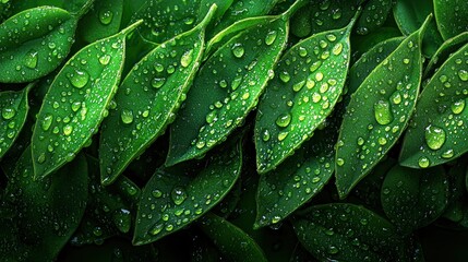 Fototapeta premium Dew-kissed leaves, lush foliage, nature background, organic texture, website banner