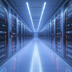 Fototapeta premium A futuristic data center hallway filled with rows of server racks and technology