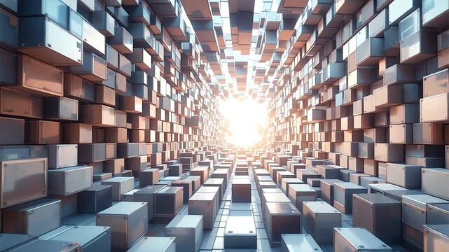 High-tech animated pixel grid where cubes move in organized layers