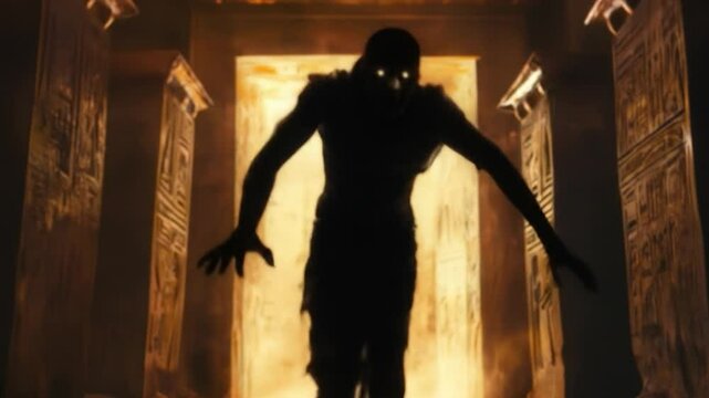 The resurrected mummy emerges from the ancient Egyptian tomb, its glowing eyes piercing the darkness. A terrifying spectacle of horror and mystery.