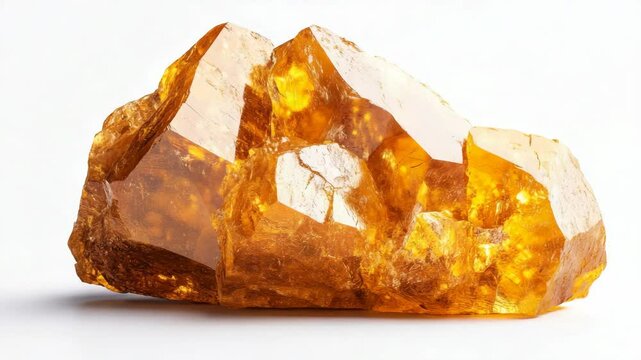Large raw citrine gemstone with sharp facets and glowing amber hues, captured in high detail on a clean white background, symbolizing wealth