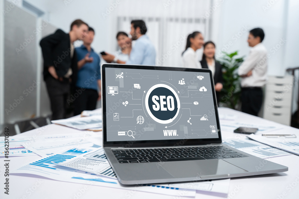 Poster SEO search engine optimization for brisk e-commerce and online retail business showing on computer screen