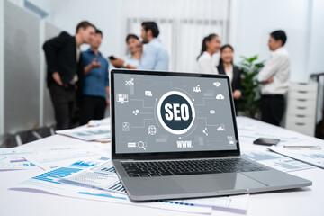SEO search engine optimization for brisk e-commerce and online retail business showing on computer...