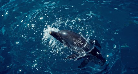 Obraz premium Dolphin swimming in the ocean with a white plastic bag near its mouth in clear blue water environment