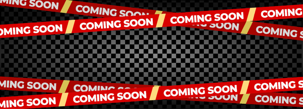 Coming Soon Red Banner Tape Stripe for shop opening, sale launch, retail notice, store ad, campaign teaser, product arrival, marketing layout. Product promotional clearance. Vector Illustration.