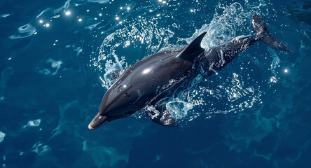 Obraz premium A dolphin swimming in the ocean with water splashing around its body and tail in bright sunlight