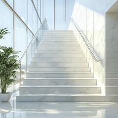 Bright and modern staircase with marble steps and large glass windows creating a luxurious atmosphere