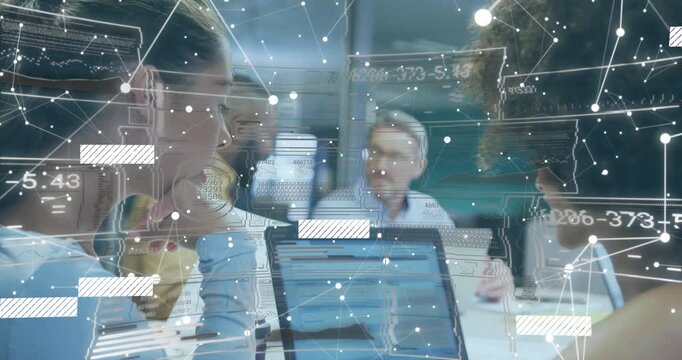 Coworkers settling into business meeting in conference room, fading in animated data overlay flow - Powered by Adobe