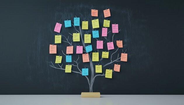 How To Solve A Problem: A Straightforward Mind Map Featuring Questions And Sticky Notes On A Blackboard