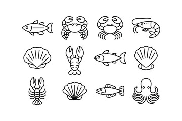 Fish crab shrimp lobster octopus shell icons vector