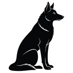 Black silhouette of a seated dog isolated on white background