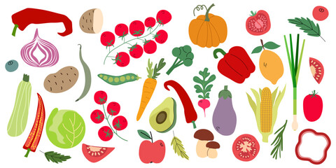 Food Illusion. A collection of vegetables in a simple minimalistic style. Tomatoes, pumpkin, avocado, cabbage, chilli pepper, carrots, green peas and aubergine Vector illustration