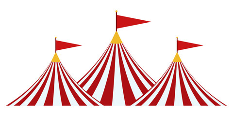 Circus Tent With Red And White Stripes And Flags. Three Festival Marquees For Carnival, Fair Or Entertainment Banner And Poster Design. Vector Illustration