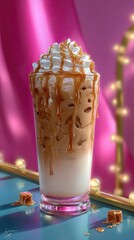 Iced caramel latte with whipped cream and caramel sauce.