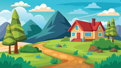 Naklejka premium Cartoon Landscape With Mountain House, Winding Path, Trees, and Blue Sky Backdrop