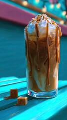Iced caramel latte with whipped cream and caramel sauce.