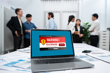 Virus warning alert on computer screen detected brisk cyber threat , hacker, computer virus and...