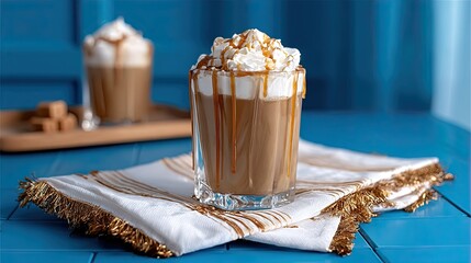 Iced caramel latte with whipped cream and caramel sauce.