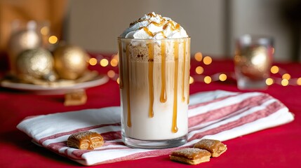 Iced caramel latte with whipped cream and caramel sauce.