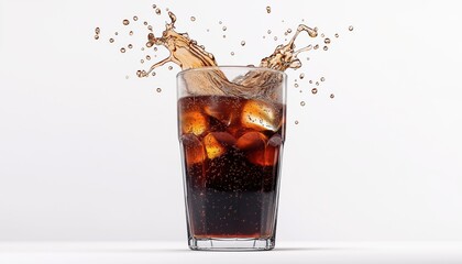 Cola Splashing Out Of A Glass In A Studio Setting With Ice, White Background, And Clipping Path For Easy Editing.