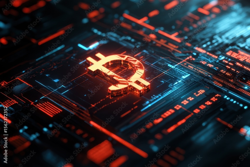 Poster data processing diagram highlighting scope scanning with digital currency symbols in vibrant colors,