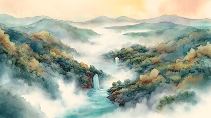 Obraz premium Scenic Watercolor of a Valley from Above