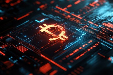 Data processing diagram highlighting scope scanning with digital currency symbols in vibrant colors, scope scanning over diagrams and data processing