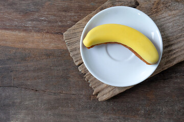 sweet and delicious choco banana cake on white dish.