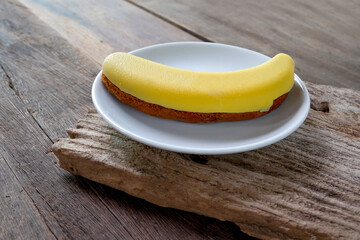 sweet and delicious choco banana cake on white dish.