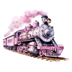 Fototapeta premium Old vintage steam locomotive on a countryside railway track, billowing smoke as it travels