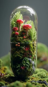 Encapsulated Forest with Red Mushrooms in Glass Capsule, Nature Art