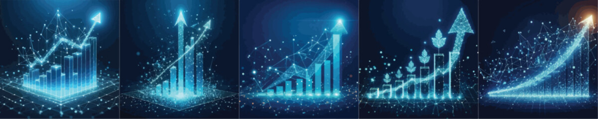 Abstract image of a growth chart in glowing blue. Low polygon or low poly design. particle, and triangle style design.Wireframe light connection structure. Vector wireframe concept