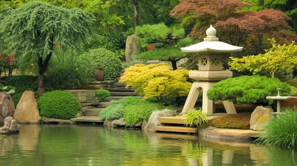 Tuinposter  A serene Japanese garden scene featuring a traditional stone lantern with a white pagoda-style roof positioned on a raised stone platform .  © MD