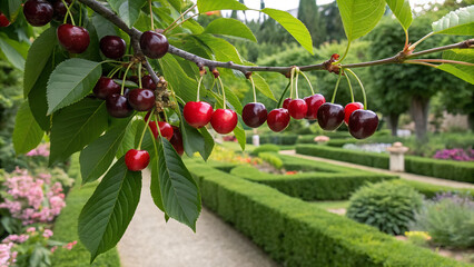 Cherries growing on a tree branch in a landscaped garden