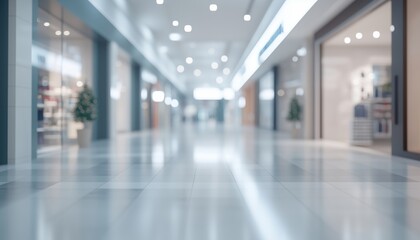 Obraz premium Empty Blurry Mall: Defocused Wallpaper In Light Life Supermarket With Bokeh Effect - Holiday Backdrop With Copyspace For Card Or Site. Ready For Business Office Interior.