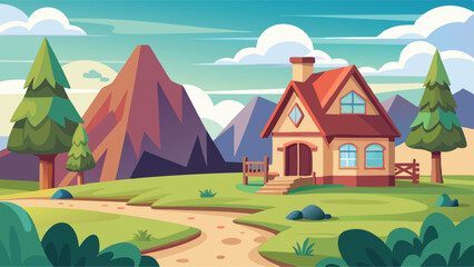 Naklejka premium Cartoon Landscape Cozy House With Red Roof, Mountains, Trees, and Winding Path