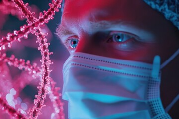 Exploring genetic data processing with a focus on DNA strands and a researcher in a laboratory setting, data processing and dna strands over caucasian male surgeon with face mask