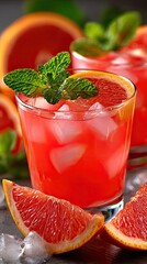 Refreshing grapefruit cocktail with ice on a gray background.