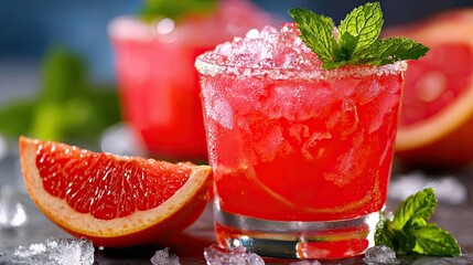 Refreshing grapefruit cocktail with ice on a gray background.