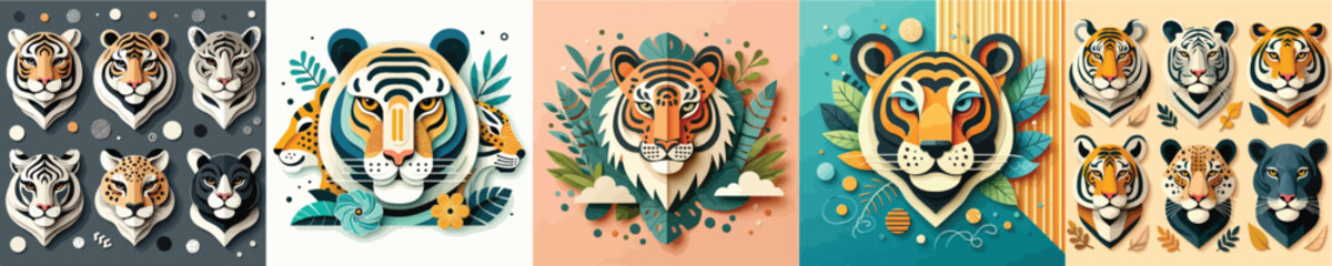 cartoon wild animal head in trendy paper cut craft graphic style. Tiger, cougar, leopard, panther. Modern design for advertising cover, poster, banner. 