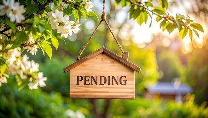 a wooden sign saying pending with a house shape