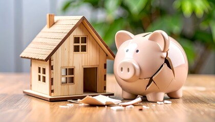 a broken piggy bank placed next to a wooden house miniature on a wooden table